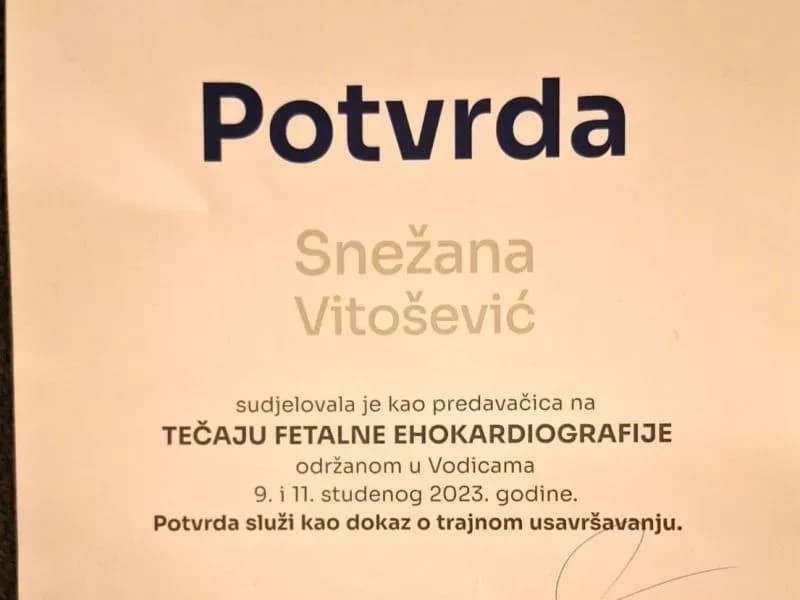 dr. Snješka Vitošević – certifikat 1